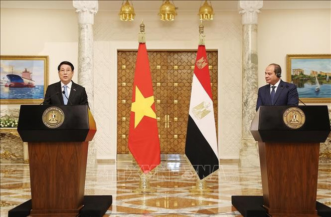 El presidente de Vietnam, Luong Cuong (izquierda), y su homólogo egipcio, Abdel Fattah El-Sisi, informan a la prensa sobre los resultados de sus conversaciones (Foto: VNA) uuid428fe489-d5c8-42e5-8988-664a9ac7077ecode001library1type1mode1loctruecaptrue.jpg
