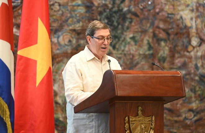 El ministro de Relaciones Exteriores de Cuba, Bruno Rodríguez Parrilla, habla en el evento (Foto: VNA) vna-potal-cuba-to-chuc-ky-niem-80-nam-quoc-khanh-viet-nam-8234754.jpg