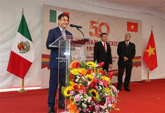 El director general para Asia-Pacífico de la SRE, Fernando González-Saiffe, habla en la cita (Foto: VNA) vna-potal-50-nam-quan-he-viet-nam-mexico-quyet-tam-nang-cap-len-tam-cao-moi-8049161.jpg