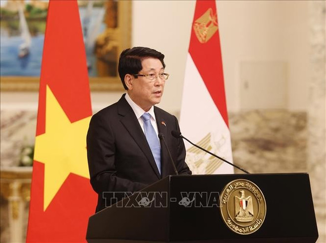 El presidente de Vietnam, Luong Cuong, informa sobre los resultados de sus conversaciones con su homólogo egipcio Abdel Fattah El-Sisi (Foto: VNA) uuidf5c9f246-a328-4de4-bd8d-ea295cc1357bcode001library1type1mode1loctruecaptrue.jpg