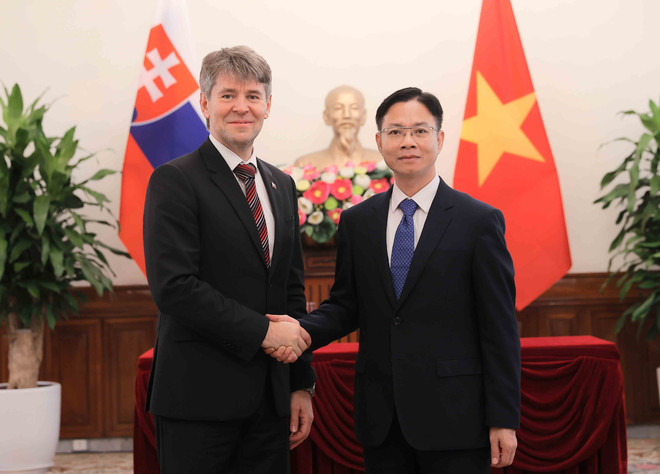 El viceministro vietnamita de Relaciones Exteriores Ngo Le Van (derecha) recibe al secretario de Estado del Ministerio de Asuntos Exteriores y Europeos de Eslovaquia, Marek Estok. (Foto: VNA) vna-potal-tham-van-chinh-tri-cap-thu-truong-ngoai-giao-viet-nam-slovakia-8139912.jpg