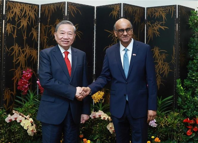 El secretario general del Partido Comunista de Vietnam, To Lam (izquierda), y el presidente de Singapur, Tharman Shanmugaratnam. (Foto: VNA) vna-potal-tong-bi-thu-to-lam-hoi-kien-tong-thong-singapore-7909160.jpg