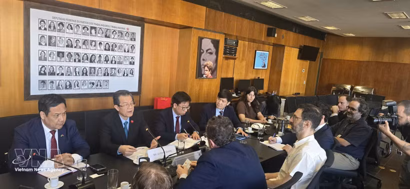 Le Hong Quang, miembro del Comité Central del Partido Comunista de Vietnam y subdirector de su Comisión de Asuntos Internos, durante su encuentro de trabajo con el Partido de los Trabajadores de Brasil (PT). (Foto: VNA)