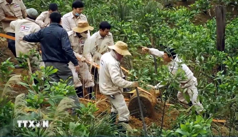 El personal de Mine Advisory Group (MAG) manipula las bombas remanantes de la guerra en la provincia vietnamita de Quang Binh. (Foto: VNA)