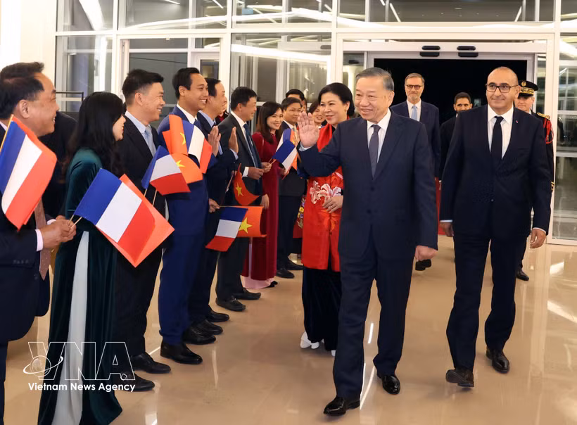 Personal de la Embajada y comunidad vietnamita en Francia reciben al secretario general y presidente To Lam y su esposa. (Foto: VNA)