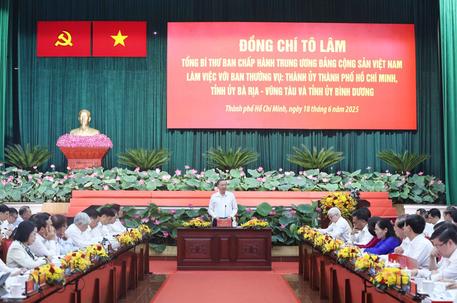 El secretario general del Partido Comunista de Vietnam, To Lam, habla en la reunión. (Fuente: VNA) 2-4249.jpg