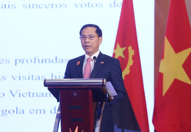 El viceprimer ministro y ministro de Relaciones Exteriores de Vietnam, Bui Thanh Son, habla en el evento. (Fuente: VNA) vna-potal-chu-tich-nuoc-du-le-ky-niem-50-nam-thiet-lap-quan-he-ngoai-giao-viet-nam-angola-8197209.jpg