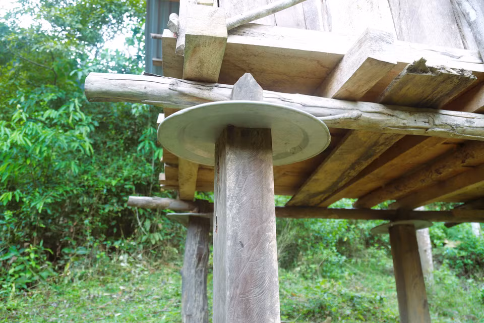 En la base de los pilares del granero se colocan firmemente bandejas o recipientes para evitar que el agua de lluvia penetre en la madera y, al mismo tiempo, crear barreras que impidan el acceso de insectos o pequeños animales al interior del granero. (Foto: VNA)
