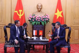 El miembro del Buró Político y presidente de la Academia Nacional de Política Ho Chi Minh (HCMA), Doan Minh Huan, y Lee Hong Chuang, miembro del Parlamento por el Partido de Acción Popular de Singapur, durante su reunión en Hanoi el 9 de junio. (Foto: VNA)