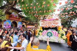 Las reliquias sagradas de Buda, reconocidas como tesoro nacional de la India, fueron recibidas con ceremonia en la pagoda Quan Su de Hanoi la tarde del 13 de mayo. (Foto: VNA)