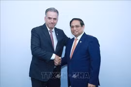 El primer ministro Pham Minh Chinh (izq.) se reúne con el presidente de Uruguay en el marco de la Cumbre ampliada del BRICS. (Foto: VNA)