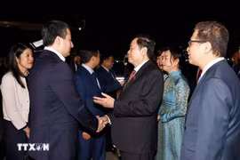El presidente de la Asamblea Nacional, Tran Thanh Man, su esposa, Nguyen Thi Thanh Nga, y una delegación de alto rango del Parlamento vietnamita en el Aeropuerto Internacional I. Karimov de Tashkent el 9 de abril. (Foto: VNA)