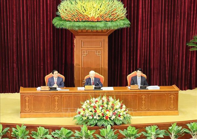 El secretario general del Partido Comunista de Vietnam, Nguyen Phu Trong, preside y habla en la sesión plenaria. (Fuente: VNA) hoi-nghi2-16524.jpg