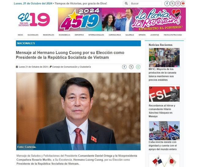 El presidente de Nicaragua, Daniel Ortega, envía felicitaciones al nuevo mandatario electo de la República Socialista de Vietnam, Luong Cuong. (Foto: captura de la pantalla) lanh_dao_nicaragua_chuc_mung_chu_tich_nuoc_luong_cuong_7663492.jpg