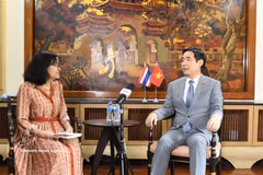 El embajador de Vietnam en Tailandia, Pham Viet Hung, responde a las preguntas de la reportera. (Foto: VNA)