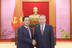 El secretario general del PCV, To Lam (derecha), recibe a Ouch Borith, miembro del Comité Permanente del PCC y primer vicepresidente del Senado de Camboya. (Foto: VNA)