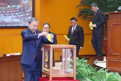 Miembros del Buró Político del XIV mandato votan por el Secretario General del Partido (Foto: VNA)