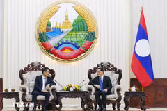El primer ministro laosiano, Sonexay Siphandone (derecha), recibe al fiscal general de la Fiscalía Popular Suprema de Vietnam, Nguyen Huy Tien, en visita de cortesía (Foto: VNA)