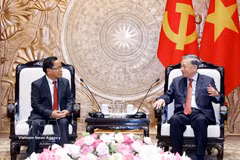 El secretario general del Partido Comunista y presidente de Vietnam, To Lam (derecha), dialoga con Khamphan Phommathat, miembro del Buró Político del Partido Popular Revolucionario de Laos, viceprimer ministro y titular de Justicia del país vecino. (Foto: VNA)