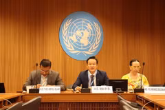 El embajador Mai Phan Dung, jefe de la misión permanente de Vietnam en Ginebra (centro), interviene en la sesión. (Foto: VNA)