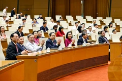 El secretario general del Partido Comunista de Vietnam, To Lam (tercero, izquierda, primera fila); el presidente de la Asamblea Nacional, Tran Thanh Man (cuarto, izquierda, primera fila) y diputados de la AN asisten a la ceremonia. (Foto: VNA)