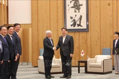 El presidente del Frente de la Patria de Vietnam, Do Van Chien (izquierda), se reúne con el secretario jefe del Gabinete japonés, Hayashi Yoshimasa (Foto: VNA)