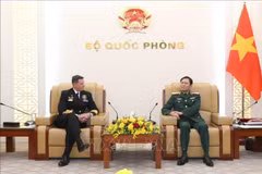 El general Nguyen Tan Cuong (derecha), jefe del Estado Mayor del Ejército Popular de Vietnam y viceministro de Defensa Nacional, recibe al vicealmirante Mark Hammond, jefe de la Armada australiana. (Foto: qdnd.vn)