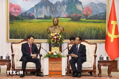 El ministro vietnamita de Seguridad Pública, general Luong Tam Quang. realiza una visita de cortesía a Bounthong Chitmani, miembro del Buró Político, miembro permanente del Secretariado del Comité Central del PPRL y vicepresidente de Laos (Foto: VNA)