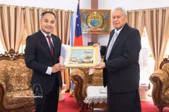 El embajador de Vietnam en Nueva Zelanda concurrente en Samoa, Phan Minh Giang, presenta sus cartas credenciales al jefe del Estado Independiente de Samoa, Tuimalealiifano Va’aletoa Sualauvi II. (Foto: VNA)