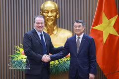 El primer ministro Le Minh Hung (derecha) recibe al embajador Rick Switzer, representante comercial adjunto de Estados Unidos. (Foto: VNA)