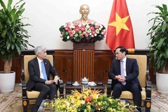 El viceprimer ministro y canciller de Vietnam, Bui Thanh Son, recibe a Albert Chua, secretario permanente del Ministerio de Relaciones Exteriores de Singapur (Foto. VNA)