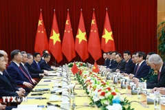 El primer ministro de Vietnam, Pham Minh Chinh, se reunió con el secretario general del Partido Comunista de China y presidente de ese país, Xi Jinping, el 14 de abril de 2025. (Foto: VNA)