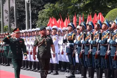 El general Nguyen Tan Cuong, jefe del Estado Mayor General del EPV y viceministro de Defensa, y el mayor general Dato Paduka Seri Faji Muhammad Haszaimi Bin Bol Hassan, comandante de las FARB de Brunéi, pasan revista a la guardia de honor. (Foto: VNA)