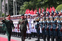 El general Nguyen Tan Cuong, jefe del Estado Mayor General del EPV y viceministro de Defensa, y el mayor general Dato Paduka Seri Faji Muhammad Haszaimi Bin Bol Hassan, comandante de las FARB de Brunéi, pasan revista a la guardia de honor. (Foto: VNA)