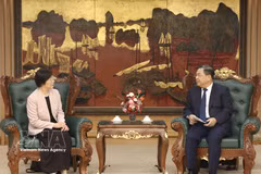 El viceprimer ministro permanente de Vietnam, Pham Gia Tuc, conversa con la presidenta del AIIB, Zou Jiayi. (Foto: VNA)