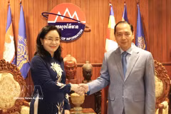 La viceministra de Cultura, Deportes y Turismo de Vietnam, Trinh Thi Thuy, se reúne con el ministro de Información de Camboya, Neth Pheaktra. (Foto: VNA)