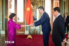 La embajadora de Vietnam en Argentina concurrente en Paraguay, Ngo Minh Nguyet, presenta las cartas credenciales al presidente paraguayo, Santiago Peña Palacios. (Foto: VNA)