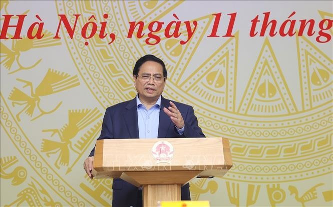 El primer ministro de Vietnam, Pham Minh Chinh, interviene en el evento. (Fuente: VNA)