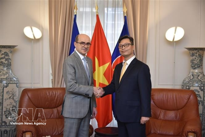 El embajador de Vietnam en Francia, Trinh Duc Hai, presenta la copia de sus cartas credenciales al Ministerio para Europa y de Asuntos Exteriores de Francia. (Fuente: VNA)