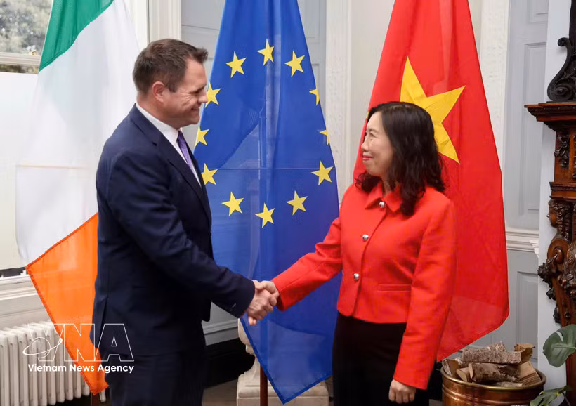 La vicecanciller vietnamita Le Thi Thu Hang y el secretario de Estado del Ministerio de Asuntos Exteriores y Comercio de Irlanda, Neale Richmond. (Fuente: VNA)