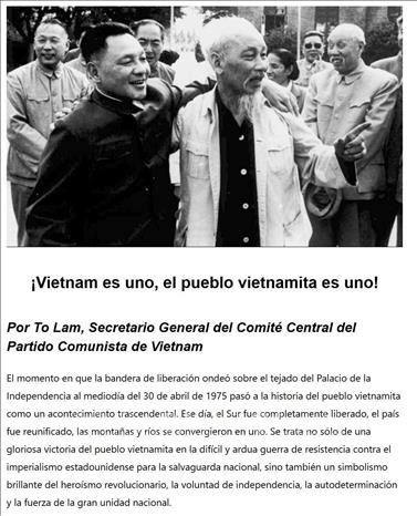 La emisora radial La Primerisima de Nicaragua publica una serie de artículos sobre el significado histórico de este trascendental evento, enfatizando especialmente el mensaje del Secretario General del Partido Comunista de Vietnam, To Lam: “Vietnam es uno, el pueblo vietnamita es uno!” (Fuente: VNA)
