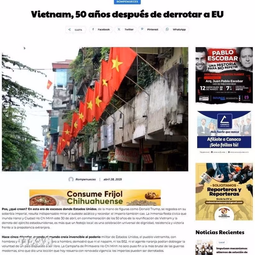 El artículo “Vietnam, 50 años después de derrotar a EU” (Fuente: VNA)