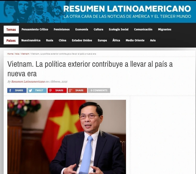 El periódico argentino Resumen Latinoamericano publica el 1 de febrero (hora local) un artículo, en el que elogia la política exterior de Vietnam. (Fuente: VNA)