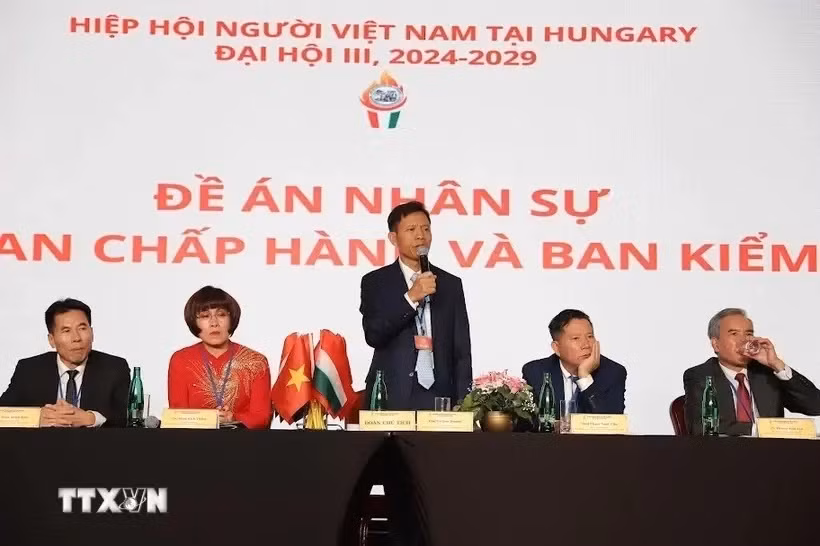 El presidente de la Asociación de Vietnamitas en Hungría, Vu Quy Duong, interviene en el evento (Foto: VNA)