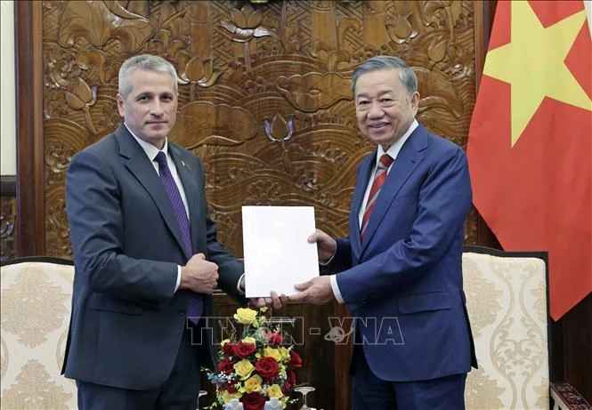 El presidente vietnamita, To Lam, y el flamante embajador de Belarús, Uladzimir Baravikou. (Fuente: VNA)