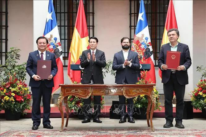El presidente vietnamita, Luong Cuong, y su homólogo chileno, Gabriel Boric Font, presencian la firma de un Memorando de Entendimiento sobre cooperación agrícola entre el Ministerio de Agricultura y Desarrollo Rural de Vietnam y el Ministerio de Agricultura de Chile. (Fuente: VNA) hình_ảnh (3).webp