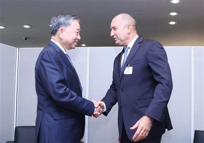 El secretario general del Partido Comunista y presidente de Vietnam, To Lam, (izquierda) se reúne con el presidente búlgaro, Rumen Radev. (Foto: VNA) bulgaria.webp