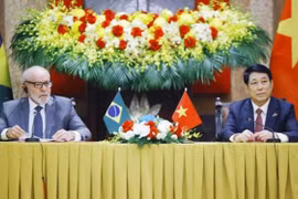 El presidente vietnamita, Luong Cuong (derecha), y su homólogo brasileño, Luiz Inácio Lula da Silva, se reúnen con la prensa en Hanoi el 28 de marzo. (Foto: VNA)