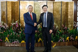 El secretario general del Partido Comunista de Vietnam y presidente del país, To Lam, y el primer ministro singapurense, Lawrence Wong. (Foto: VNA)