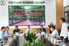 La sesión de trabajo entre el embajador de Vietnam en Camboya, Nguyen Minh Vu, y líderes y empleados de tres empresas de caucho: Ba Ria Kampong Thom, Phuoc Hoa Kampong Thom y Tan Bien Kampong Thom. (Foto: VNA)